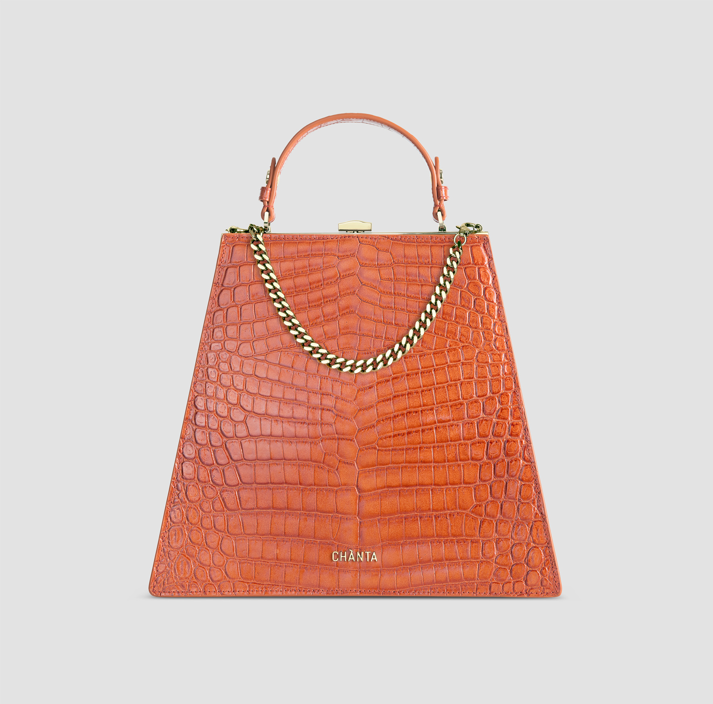 Italian Leather Orange Handbag With Gold Linked Chain